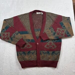 Vintage 90s Brian MacNeil Knitwear Cardigan Sweater Men Large Maroon Aztec Print